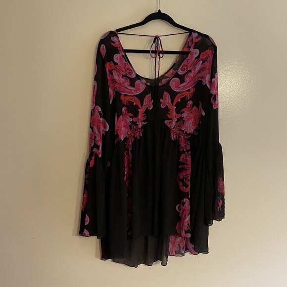 Intimately Free People M Black Floral Sheer Boho Bell Sleeve Symphony Slip Dress - Picture 10 of 11
